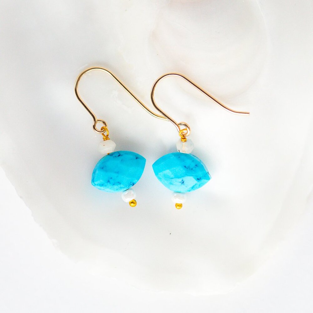 Genuine Turquoise Earrings Gold Fill Hooks w/tiny pearl & moonstone bead PRETTY